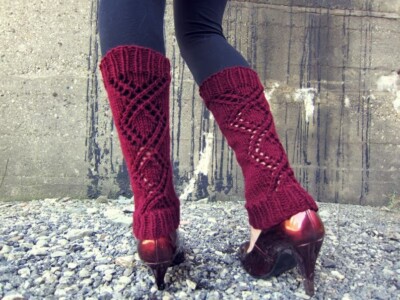 Womens Knit Leg Warmers Handmade Ladies Leggings Burgundy Diamond Legwear Teens