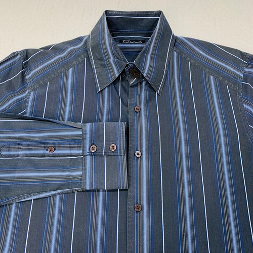 Camisa 7 Diamantes Para Hombre Grande Azul Negro Rayas Manga Larga Botón Vestido Informal - Imagen 1 de 11