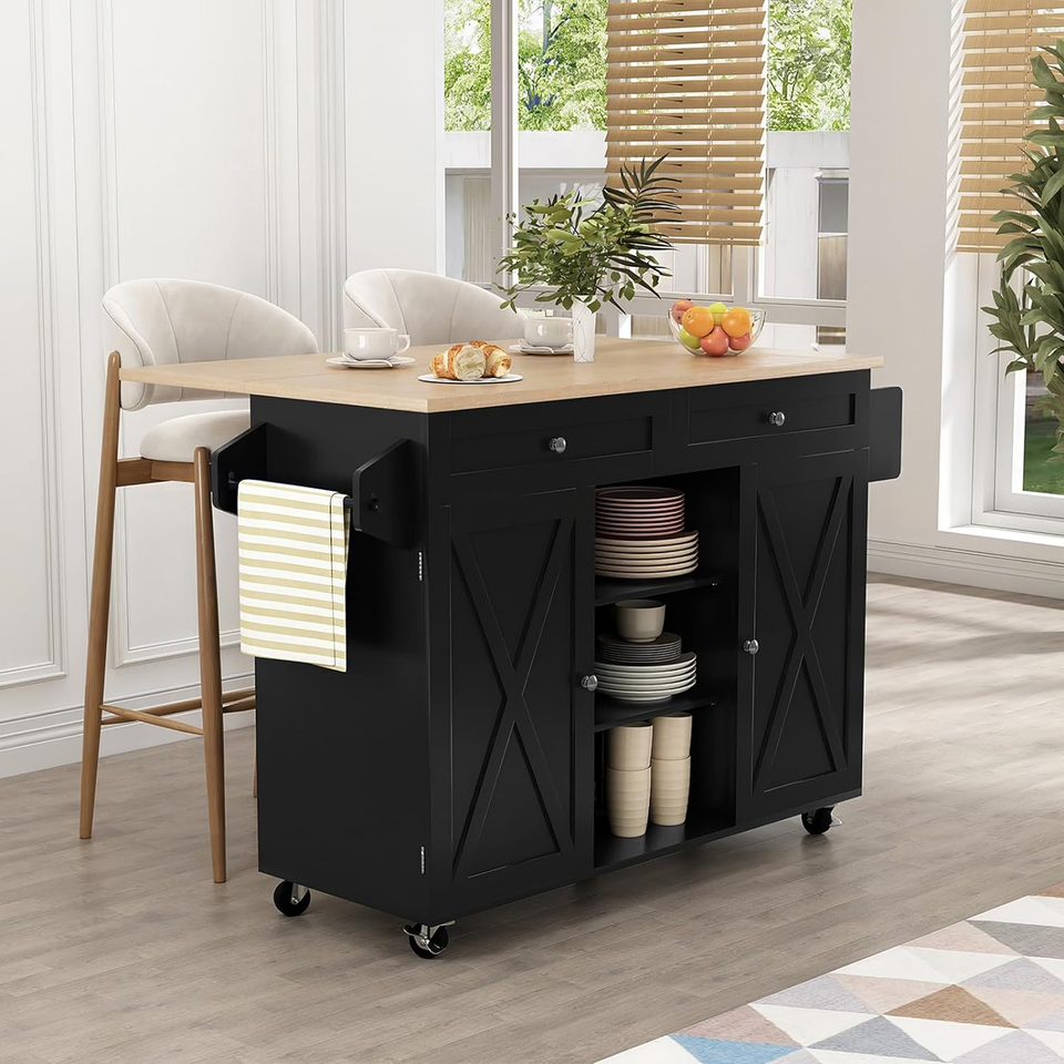 HLR Kitchen Island on Wheels, Rolling Kitchen Island Cart with Drop