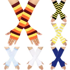 Women Stripe Gloves Knitted Fingerless Long Sleeve Arm Warmer Mittens Fashion