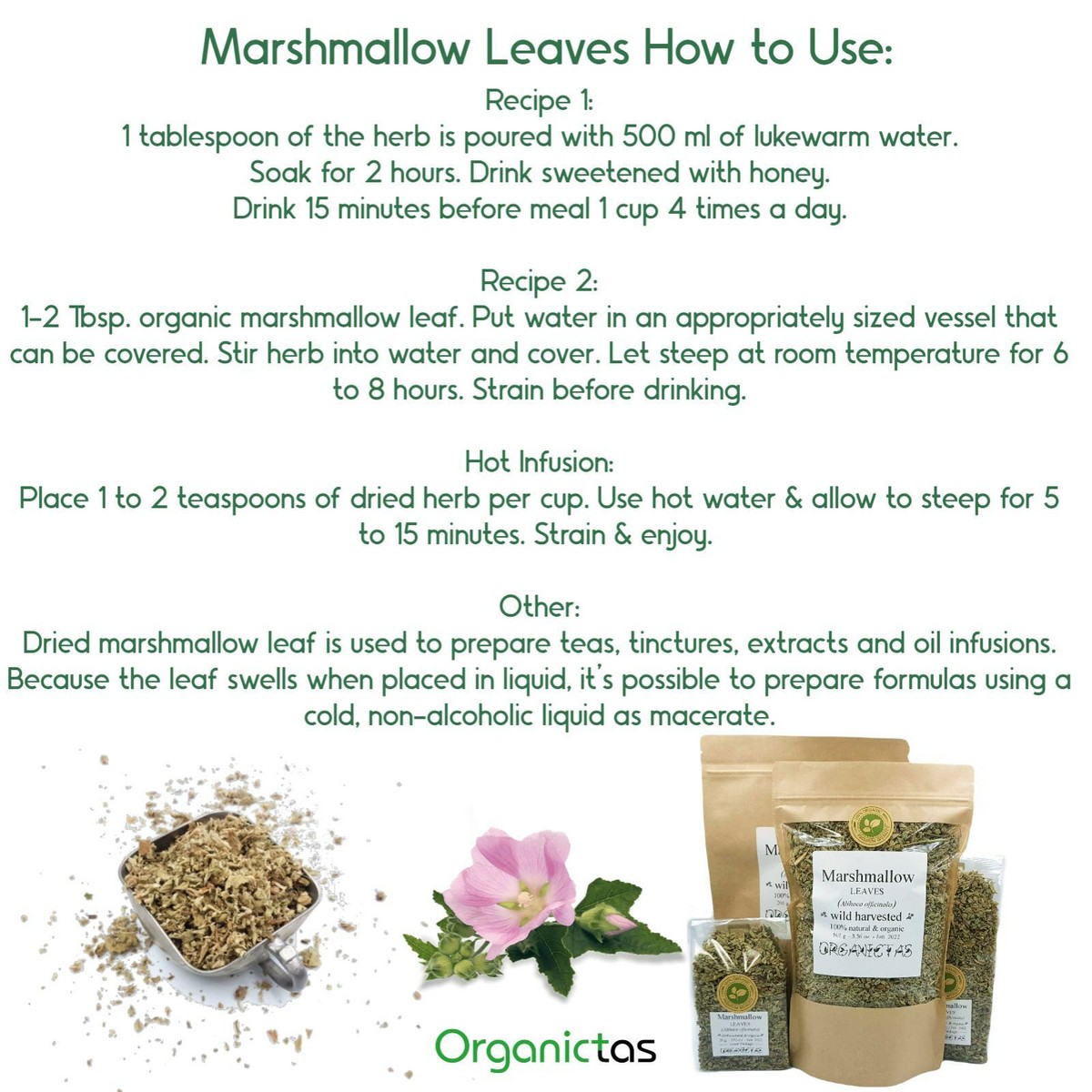 Marshmallow Dried Leaves for Infusion or Smoking, Premium EU Quality 25g -  200g