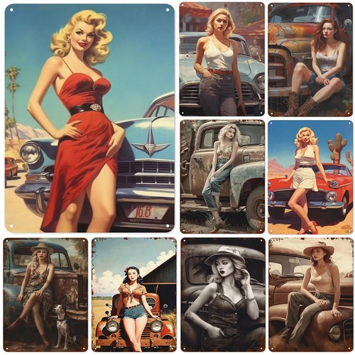 Vintage Look Pinup Girls Sexy Girls Classic Car Metal Tin Sings decor poster