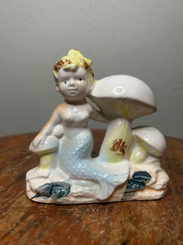 Vintage Ceramic Blonde Mermaid With Mushrooms Aquarium Fish Tank Decor Japan