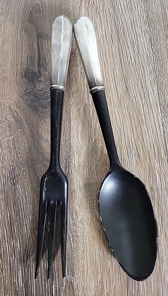 Mid Century Modern Salad Serving Fork Spoon Black Wooden Sterling Silver France - Image 2 of 4
