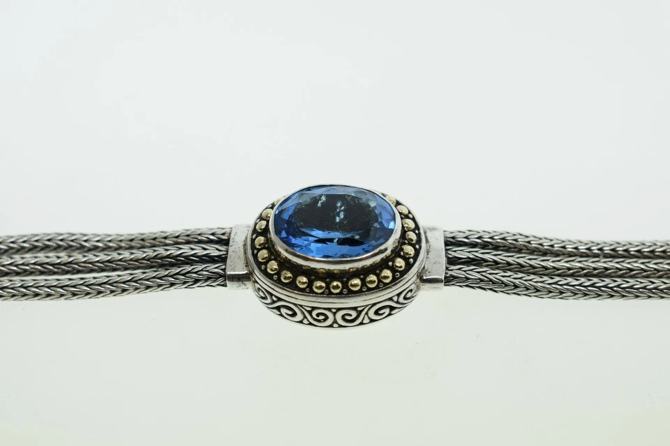 Brazalete Samuel Benham plata esterlina oro amarillo 18k topacio azul Londres palanca Foto 4 de 4