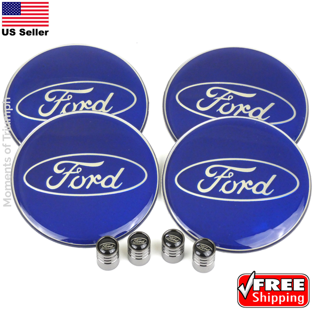 4x Ford Wheel Center Hub Cap Sticker Decal Blue 2.55" & 4x Tire Stem