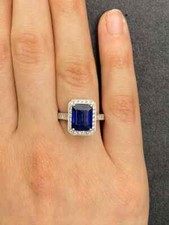 Perfect Emerald Cut Natural 4.00CT Blue Sapphire  Round Cut CZ Halo Women Ring