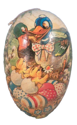 Easter Egg Candy Container Ducks Ducklings Papier Maché Flowers Huge Vintage #1