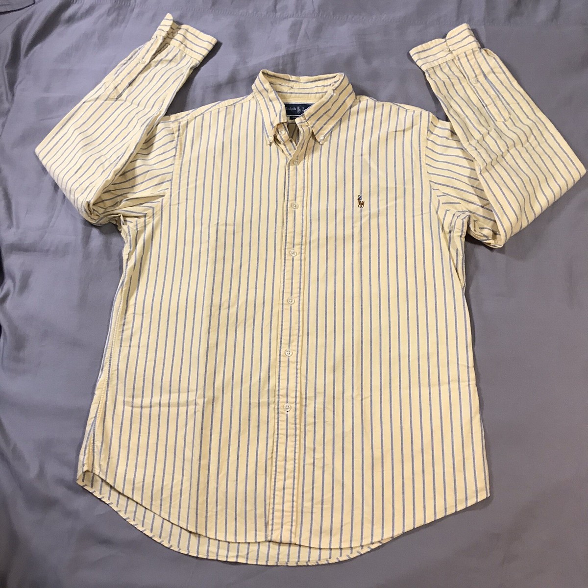 Ralph Lauren Dress Shirt Mens Large Yellow Blue Striped Custom Fit Oxford