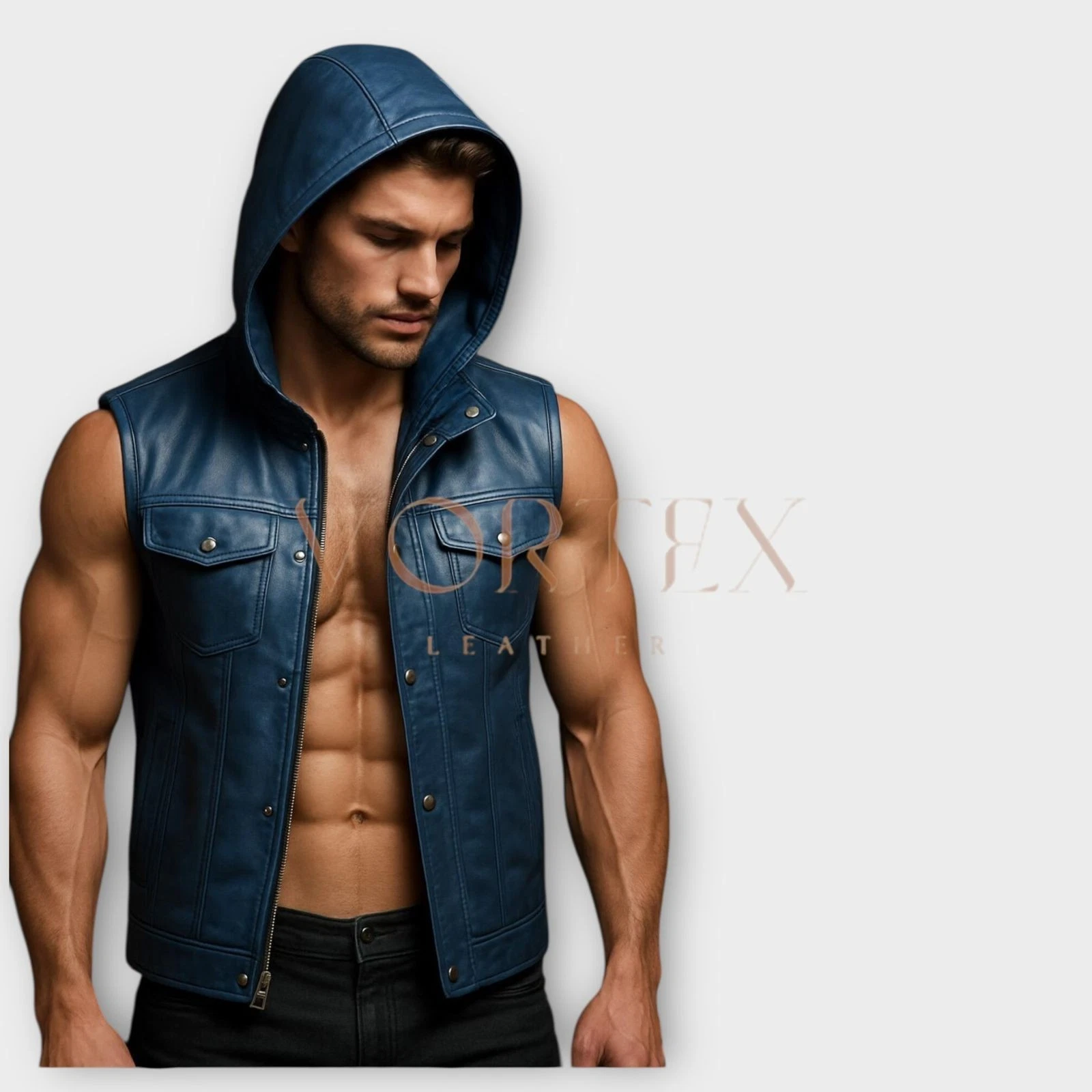 Men’s Blue Leather Hooded Biker Vest – Handmade Fashion Gilet