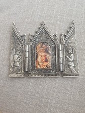 Rare Vintage Triptych-Trifold Flanked by two Angels 4" Metal Mini Icon 
