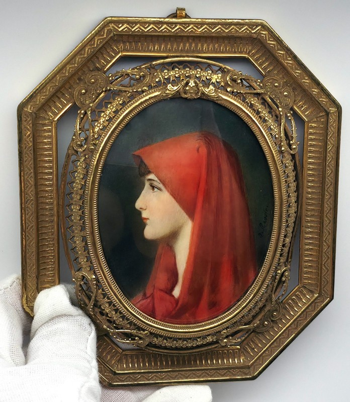 Miniature Portrait Painting in Ornate Bronze Frame Saint Fabiola after Henner