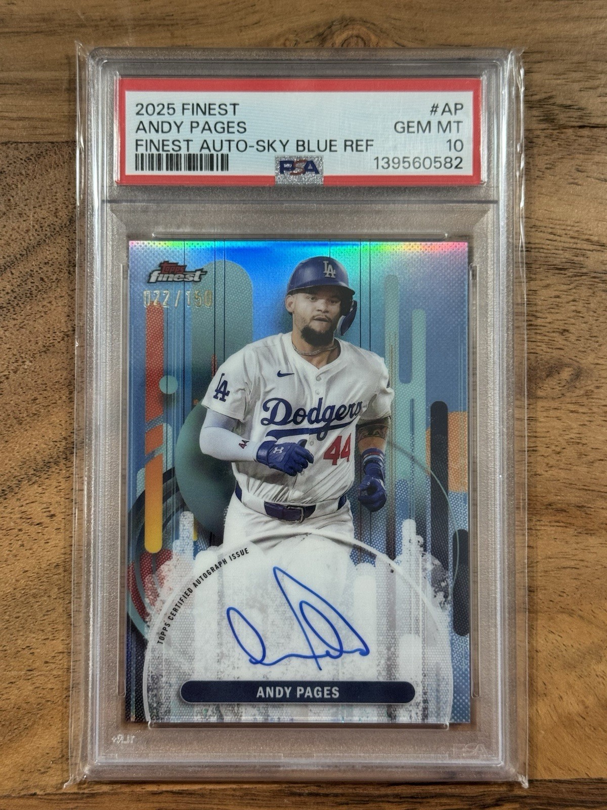 2025 Topps Finest Andy Pages Auto Sky Blue Refractor /150 SP PSA 10 Dodgers view 1