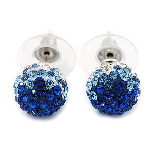 Royal Blue/Sky Blue/Clear Swarovski Crystal Ball Stud Earrings In Silver Plated