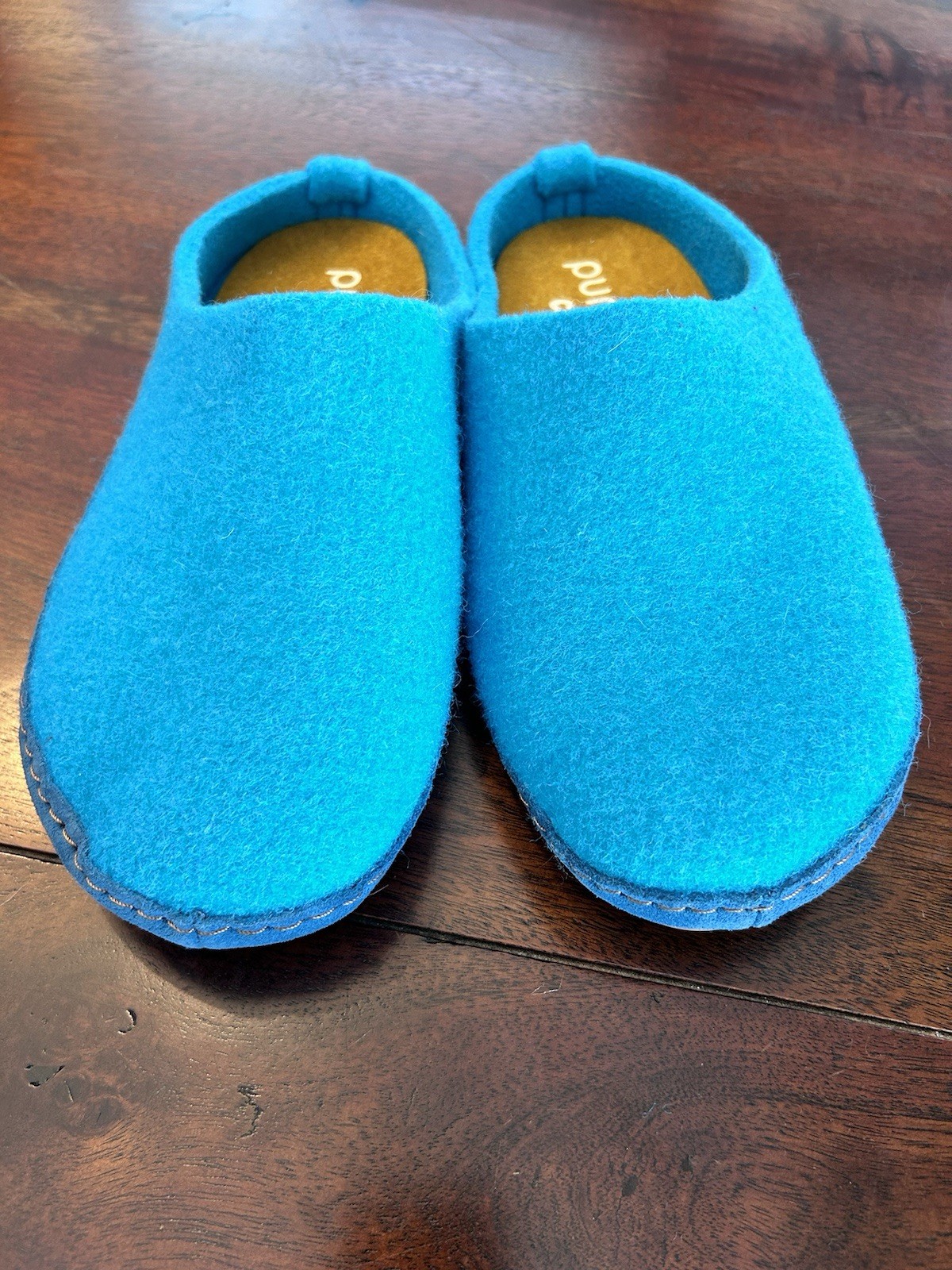 SAOLA Zoccoli ciabatte Cosyfeet lana 6 blu acqua verde suola gomma nuovi senza etichette Lagenlook LARGHI