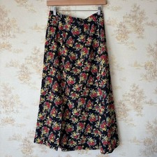 Vintage cottagecore whimsigoth boho black red yellow floral print maxi skirt 12