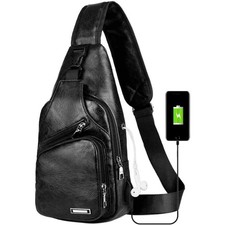 Black Chest Crossbody Bag Sling Backpack for Men with USB Charge Port Premium