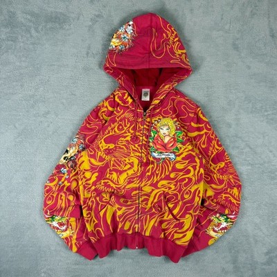 Damen-Hoodie Vintage Ed Hardy 2000er Y2K rosa Amor flammender Tiger klein durchgehender Reißverschluss