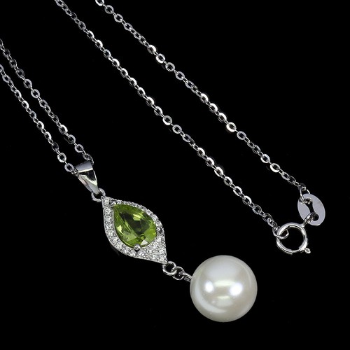 925 Sterling Silver Necklace Pear Peridot 9x6mm Mop Natural Gemstone Jewelry 18 - Picture 2 of 14