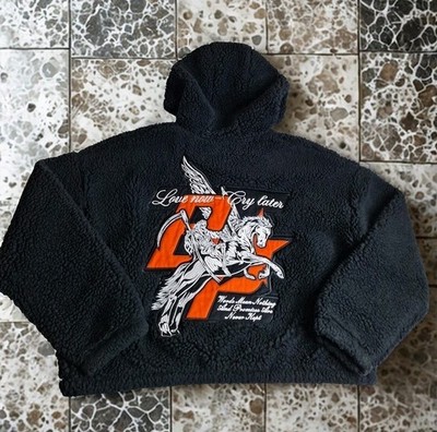 Goth Metal Punk Broken Promises Fuzzy Black Hooded Jacket Womens XL Back Patch 