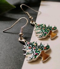 Colorful Green Christmas Tree ENAMEL 1 5/8" Dangle Drop Holiday Earrings
