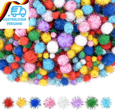 NACHLYNN 1000 Glitzer-Pompons Zum Basteln Großpackung 4 Größen Bunt Weiche Flaus