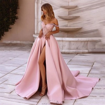 Pink Off Shoulder Prom Dress Side High Split A-line Court Train Evening Gown  | eBay