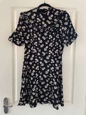 F&F V ladies Black White Floral Short Sleeve high Neck frill casual dress 14