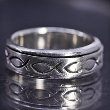 size 8, vintage sterling silver 925 handmade fish textured spinner band ring