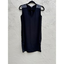 Vince Black V-Neck Leather Trim Sleeveless Shift Dress SZ 2 Minimalist LBD