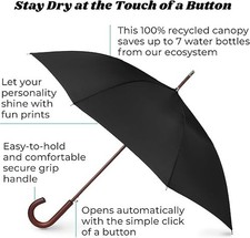 Totes Eco AutoWooden J-Style Handle Open Umbrella Classic Wooden J Stick Handle