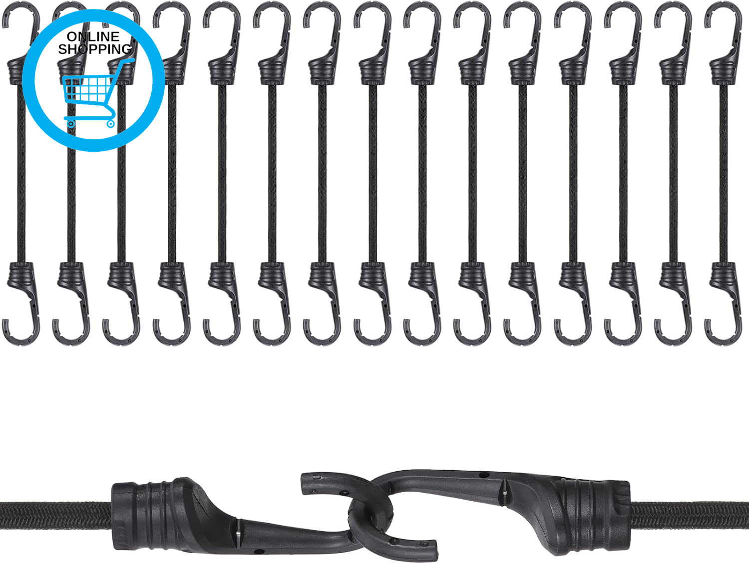 15PCS Bungee Cords with Hooks Robust, 25Cm Multi-Purpose Elastic Bungee Straps,