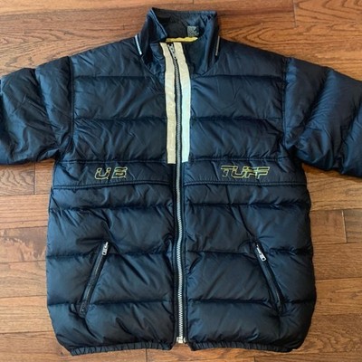 Vintage Tuff Black Puffer Jacket   Yellow Accents & White Stripe   Men s L