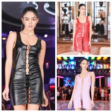 Women’s Shiny Lycra Leather Look Vest Dress With Rings – Red Black Pink Clubwear