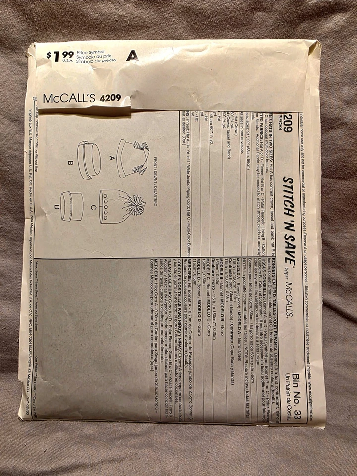 Easy Stitch 'n Save Pattern CUT #4209 Kid's Hat 21" - 22" McCall's 2003 - Image 3 of 3