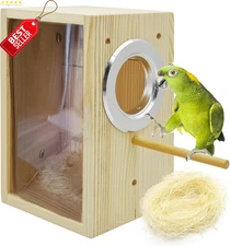 Wood Parakeet Nesting Box Transparent Bird Breeding House for Cage S - US