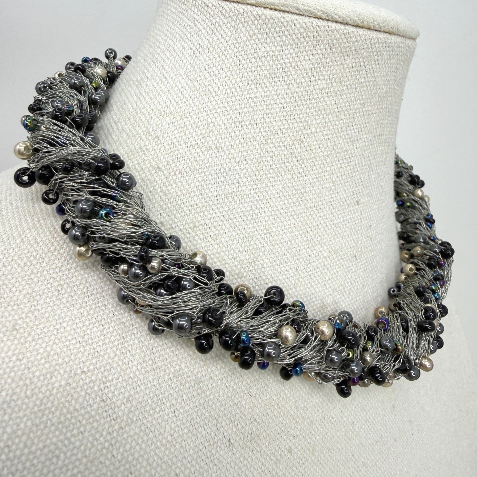 Wire Wrapped Pearl Beaded Statement Necklace Blac… - image 5
