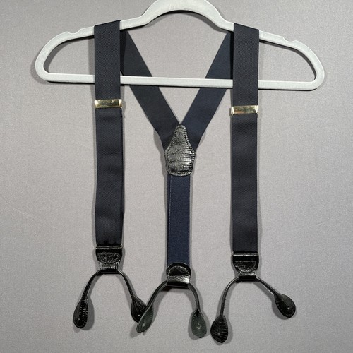 Navy Blue Men's Adjustable Y-Back Suspenders Braces w/ Embossed Croc Leather