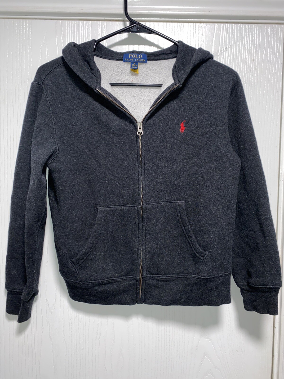 RALPH LAUREN POLO giacca full zip ragazzo taglia Med 10 12 con cappuccio grigio verde pony