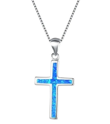Blue Christian Cross Religious Necklace Christ 16-18" Chain Pendant Jesus Church