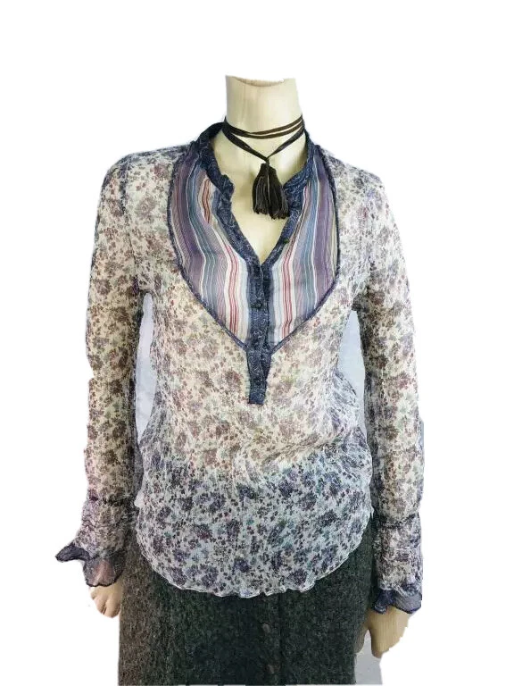 Blusa Top Zara Básica Boho Floral Púrpura Seda Medio Botón Tapeta Manga Larga S Foto 2 de 4