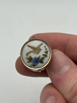 Bouton De Col En Or 18k Et Porcelaine & Oiseau & XIXeme - Photo 1/4