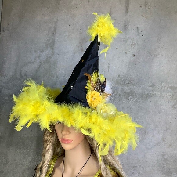 5PC YELLOW WITCH LED HAT COSTUME FEATHER SET HALLOWEEN 