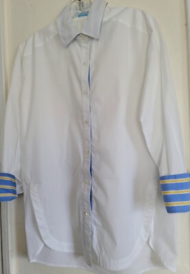 J. McLaughlin Tunic Shirt White Stretch Poplin Button Up Ribbon Trim Womens XS 