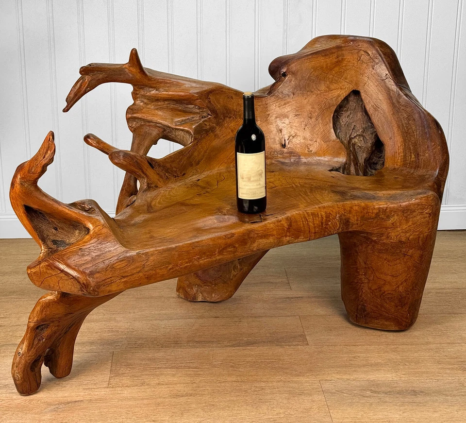 Banco escultórico vintage monumental raíz de teca burl Foto 2 de 4