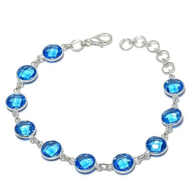 Swiss Blue Topaz Gemstone Handmade 925 Sterling Silver Jewelry Bracelet Sz 7-8''