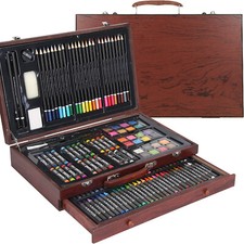 140pc Art Painting Drawing Set w/ Wood Box Watercolors Colored Pencils Crayons