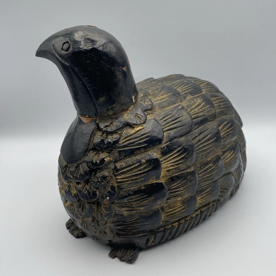 Antigua estatua japonesa de madera tallada pájaro codorniz madera lacada acento dorado Foto 3 de 4