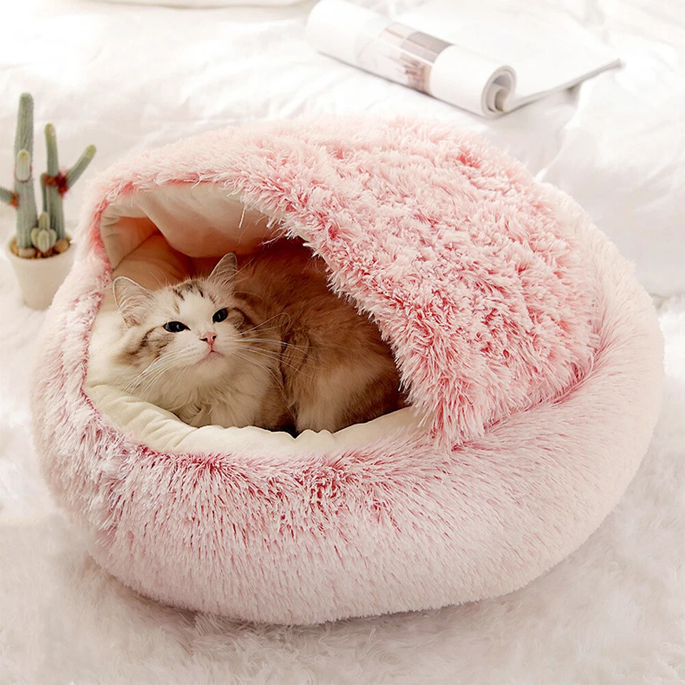 EASYSHOPPING 40/50/60cm Pet Dog Cat Bed Cave Round Plush Fluffy Hooded Cat Bed Donut