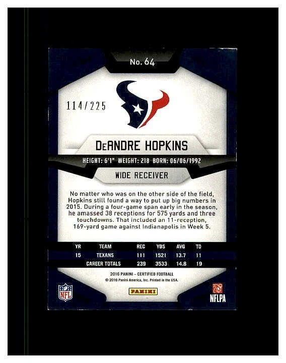 2016 Certified Mirror Orange #64 DeAndre Hopkins 114/225 TEXANS - Image 2 of 2